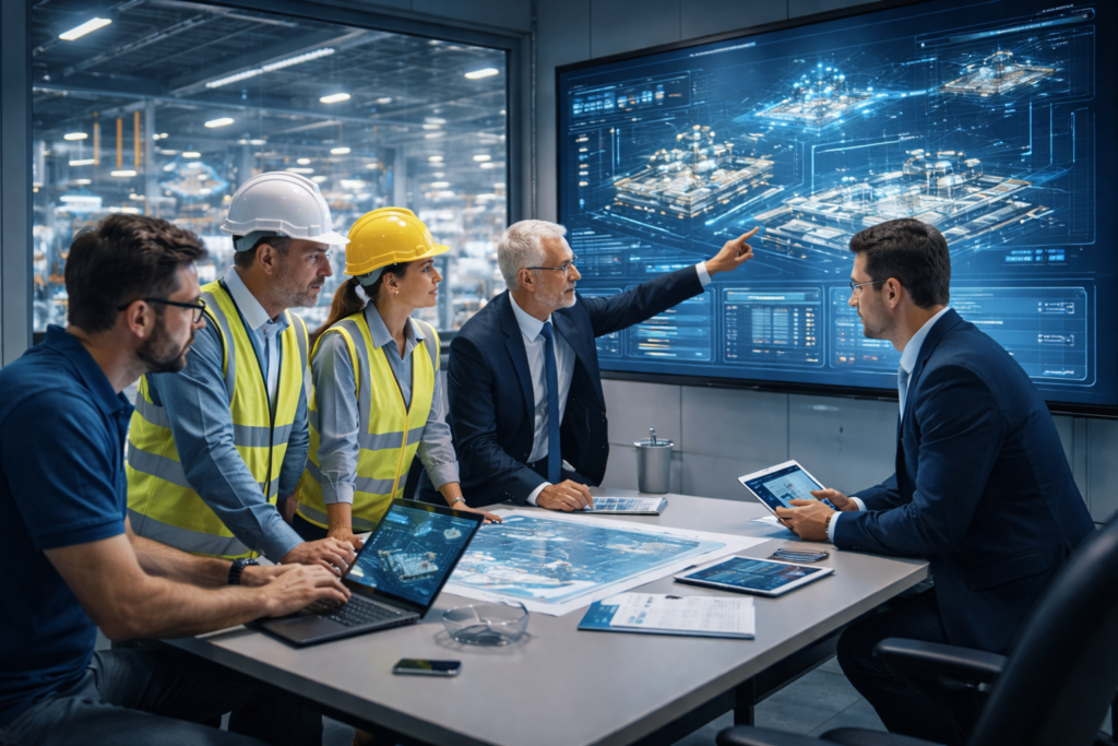 Illustration d’une équipe interdisciplinaire composée d’ingénieurs IT, d’opérateurs et de dirigeants analysant des plans de déploiement multisites dans une usine intelligente, dans un contexte de transformation numérique industrielle.