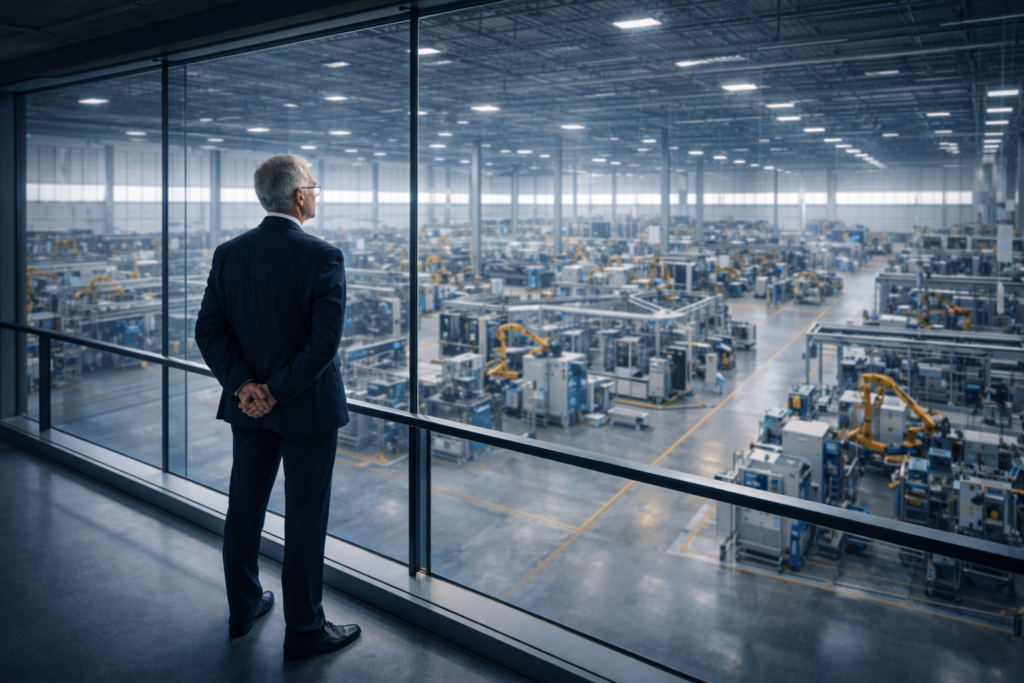 Vision stratégique d’une transformation numérique manufacturière supervisée par la direction.