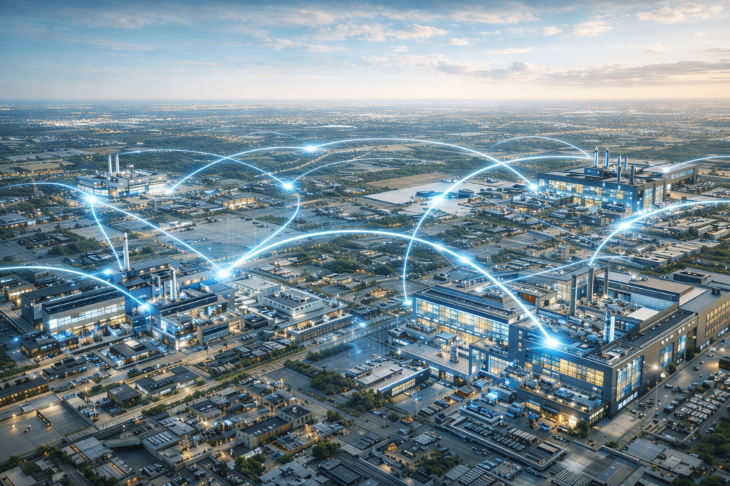 Illustration d’un réseau d’usines interconnectées représentant une transformation numérique manufacturière multisites.