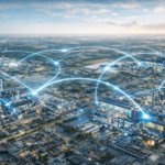 Illustration d’un réseau d’usines interconnectées représentant une transformation numérique manufacturière multisites.